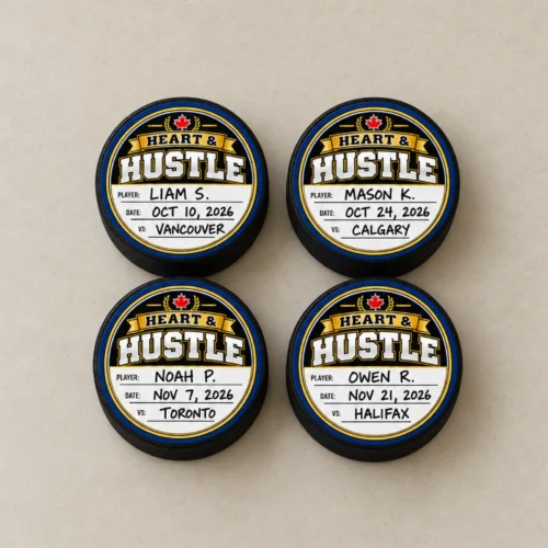 Heart & Hustle Hockey Puck Stickers - Completed Awards Four hockey pucks with navy and gold Heart & Hustle stickers filled in with player names, dates and opponents.