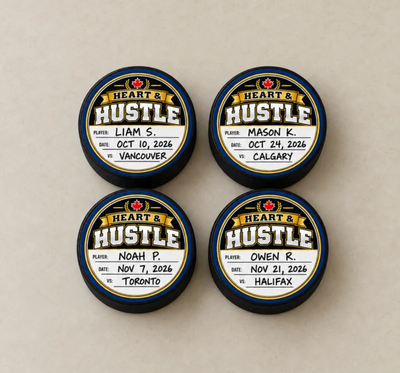 Heart & Hustle Hockey Puck Stickers - Completed Awards Four hockey pucks with navy and gold Heart & Hustle stickers filled in with player names, dates and opponents.