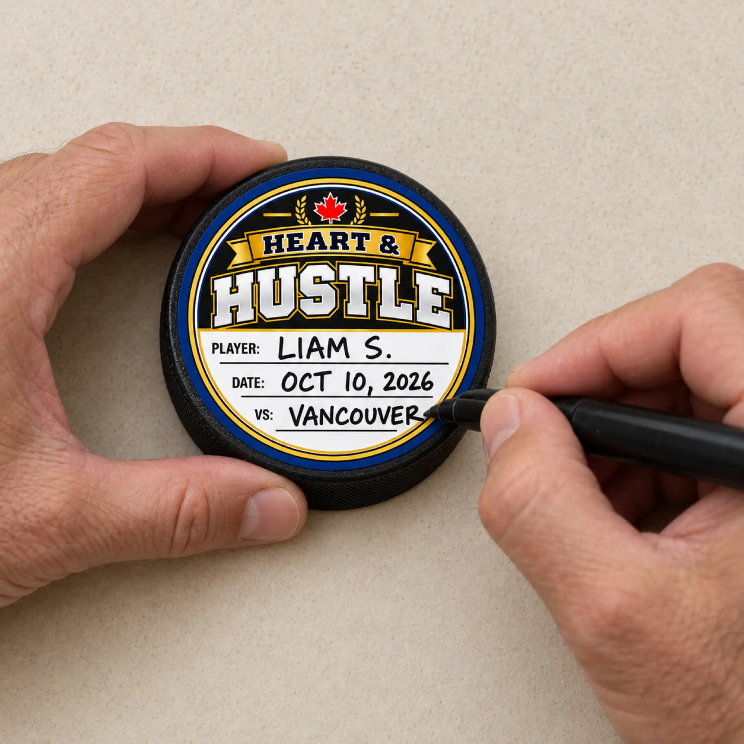 Personalizing a Heart and Hustle hockey puck award