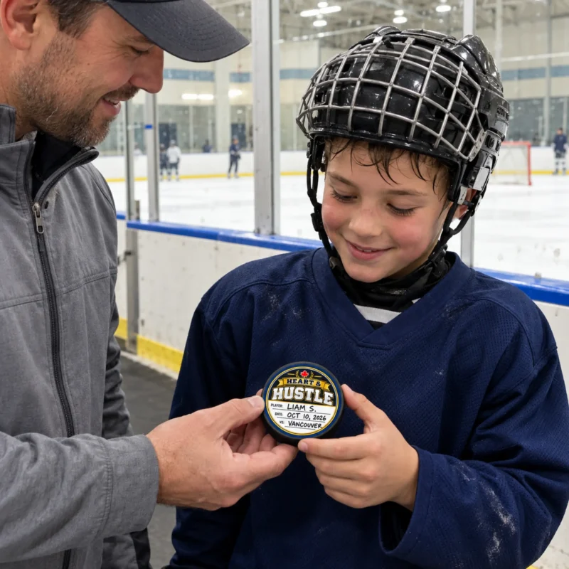 Heart & Hustle Hockey Award - Coach and Player Coach presenting a young hockey player with a puck featuring a personalized Heart & Hustle award sticker at a rink.