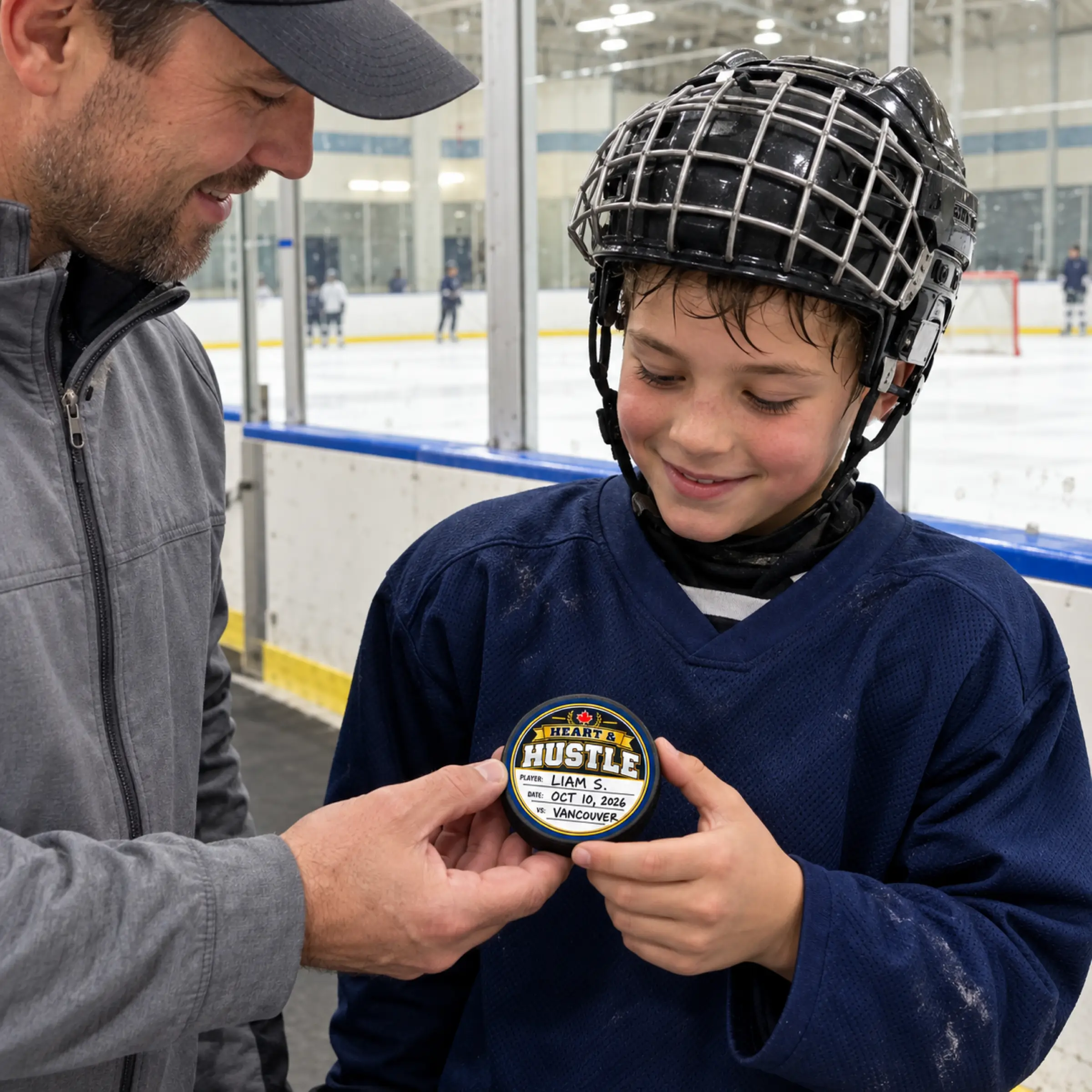 A coach presenting a Heart and Hustle award puck to a young hockey player at the rink