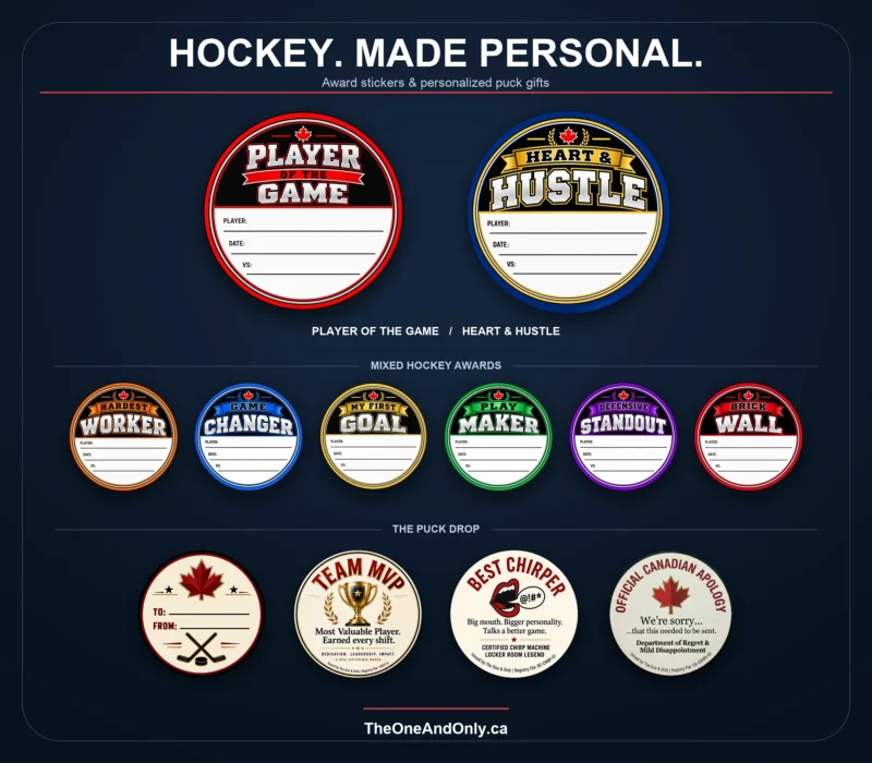 Player of the Game, Heart & Hustle, six mixed hockey award sticker designs and four Puck Drop designs from TheOneAndOnly.ca.
