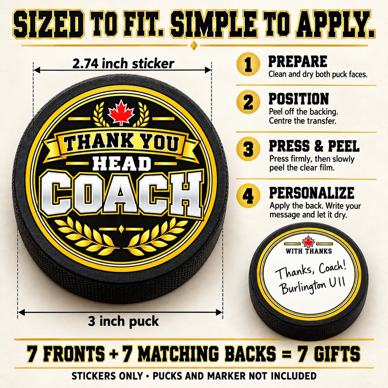 Size and application guide for 2.74 inch coach thank you stickers on a standard 3 inch hockey puck