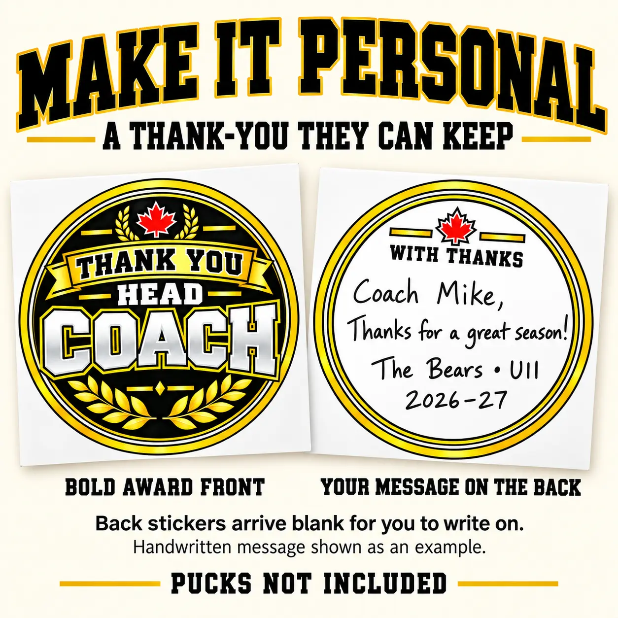 Coach thank you puck sticker and matching white back with space for a personal message