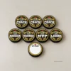 Hockey Coach Thank You Puck Sticker Kit Gold and black hockey thank you stickers shown on seven pucks, with a blank “With Thanks” back below. Product mockup; pucks not included.