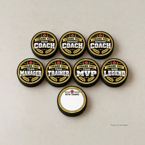 Gold and black hockey thank you stickers shown on seven pucks, with a blank “With Thanks” back below. Product mockup; pucks not included.