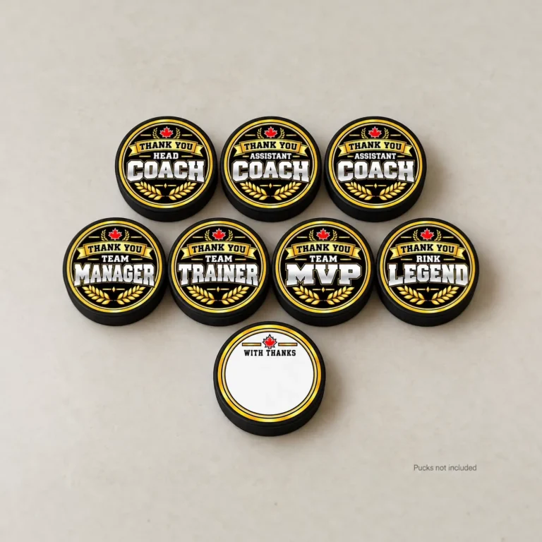 Gold and black hockey thank you stickers shown on seven pucks, with a blank “With Thanks” back below. Product mockup; pucks not included.