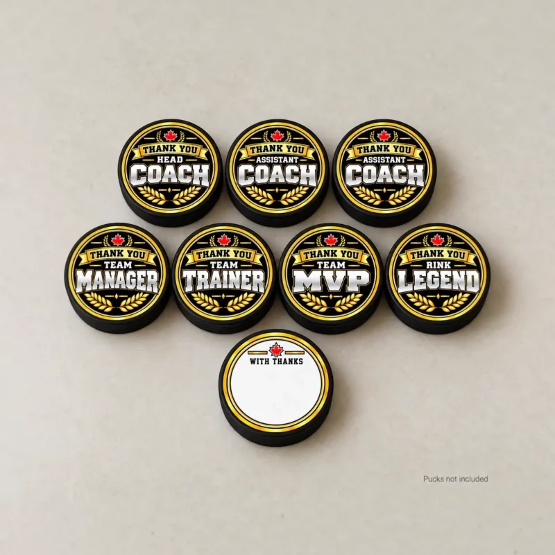Hockey Coach Thank You Puck Sticker Kit Gold and black hockey thank you stickers shown on seven pucks, with a blank “With Thanks” back below. Product mockup; pucks not included.