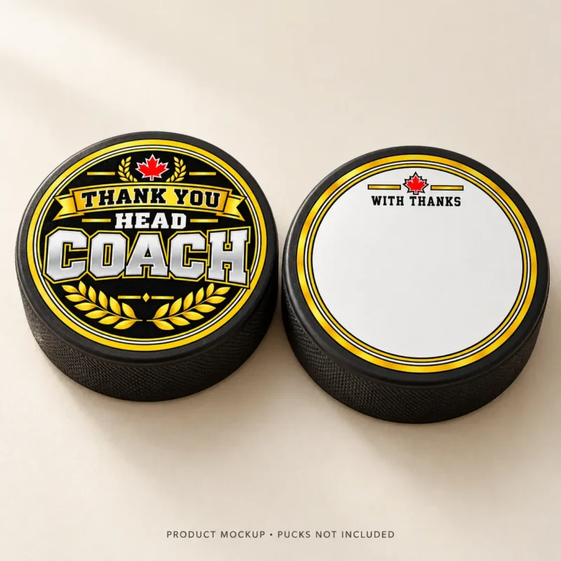Hockey Coach Thank You Puck Stickers - Front and Back Mockup Product mockup of two black hockey pucks showing a Thank You Head Coach sticker on the front and a blank With Thanks sticker on the back. Pucks not included.