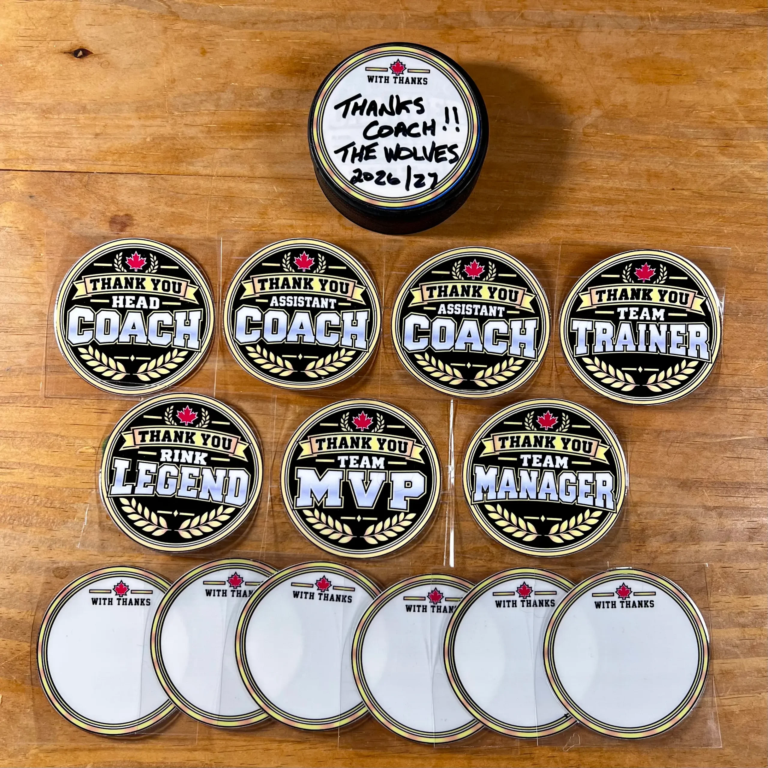 Hockey coach and team manager gifts made with thank-you stickers, write-on backs and a handwritten puck example