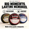 One & Only Hockey puck stickers featuring Player of the Game, Heart & Hustle, and Game Changer designs, with waterproof and sunproof benefits. Stickers only; pucks not included.