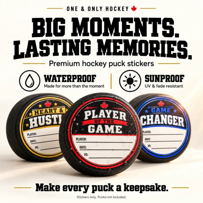 One & Only Hockey puck stickers featuring Player of the Game, Heart & Hustle, and Game Changer designs, with waterproof and sunproof benefits. Stickers only; pucks not included.