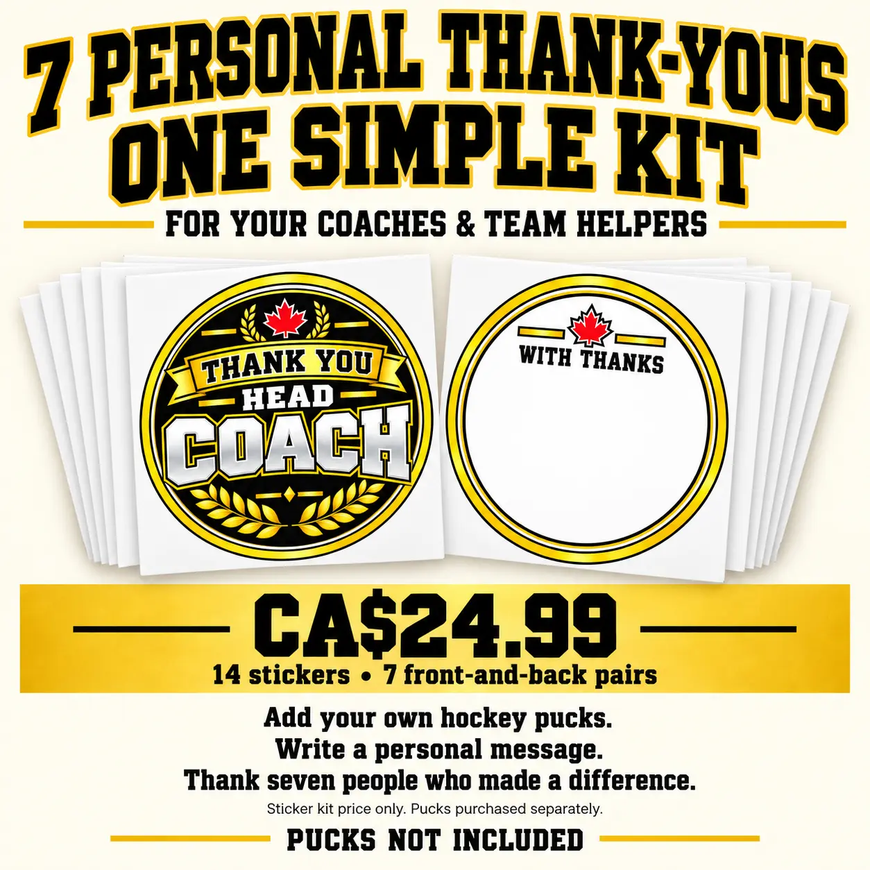 Overview of the hockey team thank you sticker kit for creating seven gifts with your own pucks