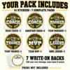 Hockey Team Thank You Puck Stickers - What's Included Hockey thank you sticker kit with Head Coach, two Assistant Coach, Team Manager, Team Trainer, Team MVP and Rink Legend stickers, plus seven write-on backs.