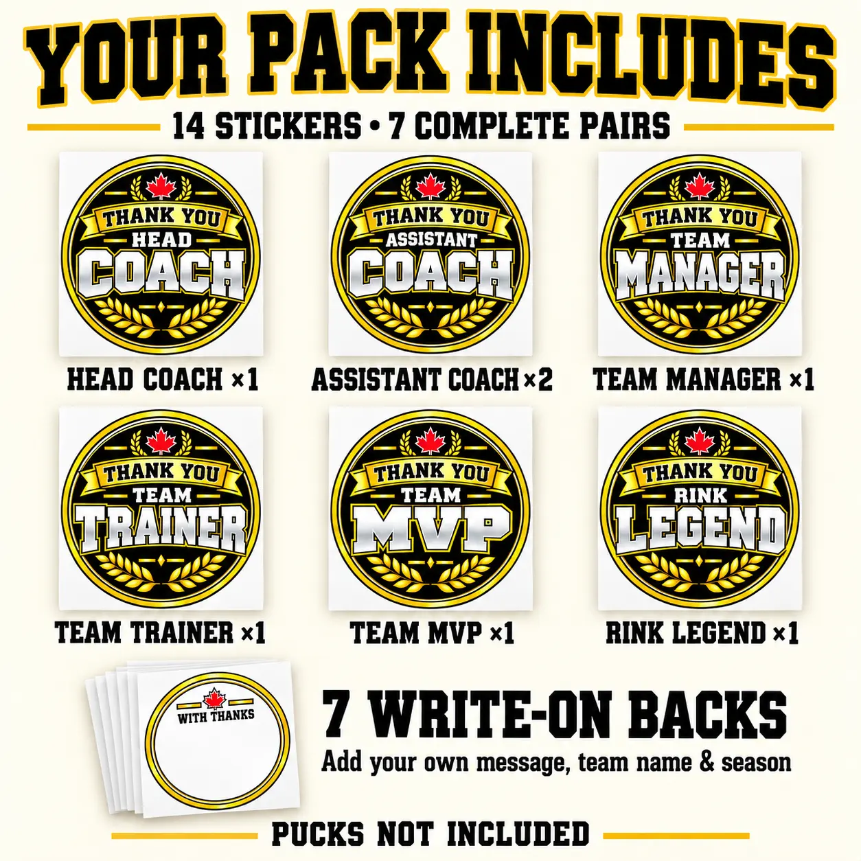 Hockey thank you sticker kit with seven award fronts and matching With Thanks backs