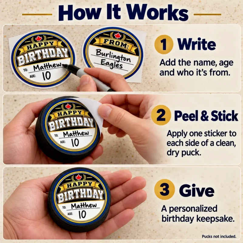 How to write on, peel and apply birthday stickers to a hockey puck