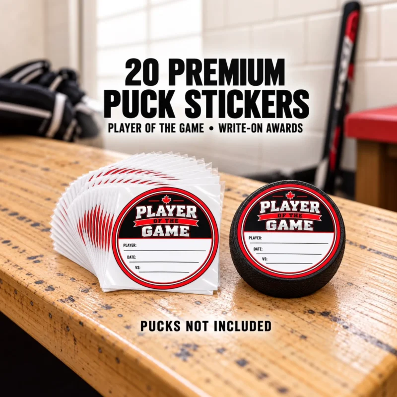 20 Player of the Game hockey puck stickers fanned beside a black puck displaying the red, black and white award design on a wooden locker room bench. Pucks not included.