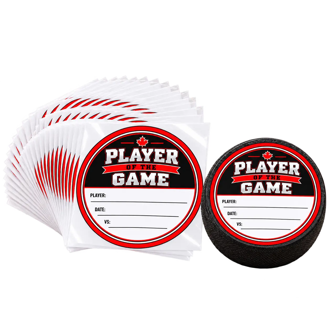 Fanned Player of the Game award stickers beside a hockey puck showing how the sticker looks when applied