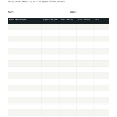 Blank hockey season recognition sheet with rows for recording player awards.