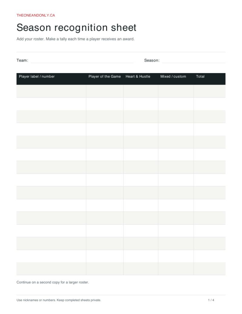 Blank hockey season recognition sheet with rows for recording player awards.