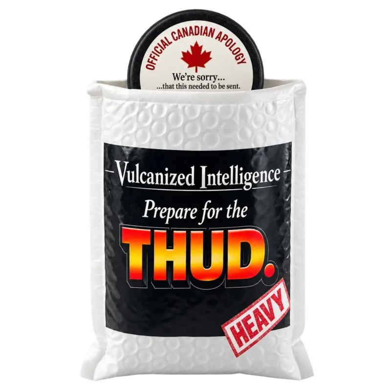 Puck Drop Mailer Canadian Apology hockey puck peeking out of a white bubble mailer labelled “Prepare for the THUD.”