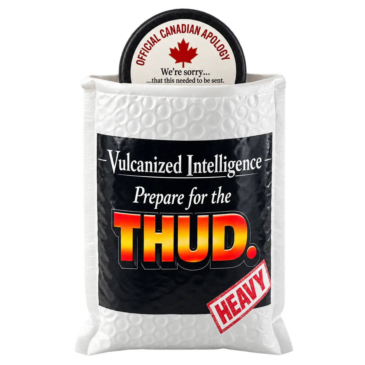 Canadian Apology hockey puck peeking out of a white bubble mailer labelled “Prepare for the THUD.”